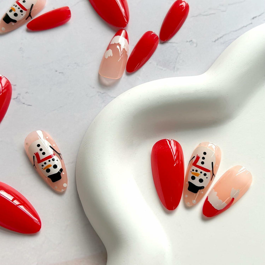 24 Pcs Red French Tip Press On Nails Medium Almond Acrylic Christmas Design