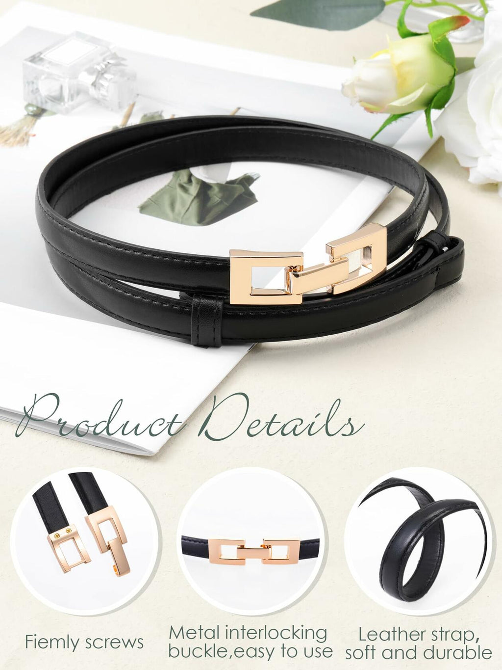 Geyoga Women's Skinny Adjustable PU Leather Belt Black 47.2 Inch