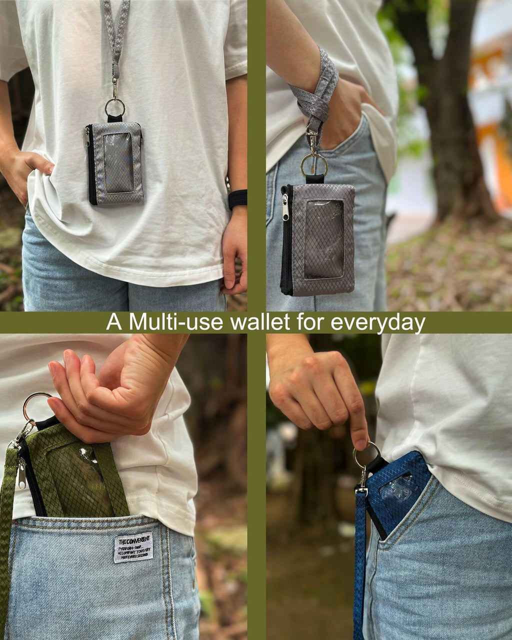 Minimalist Wallet RFID Blocking Keychain Lanyard Zipper ID Case Olive Green