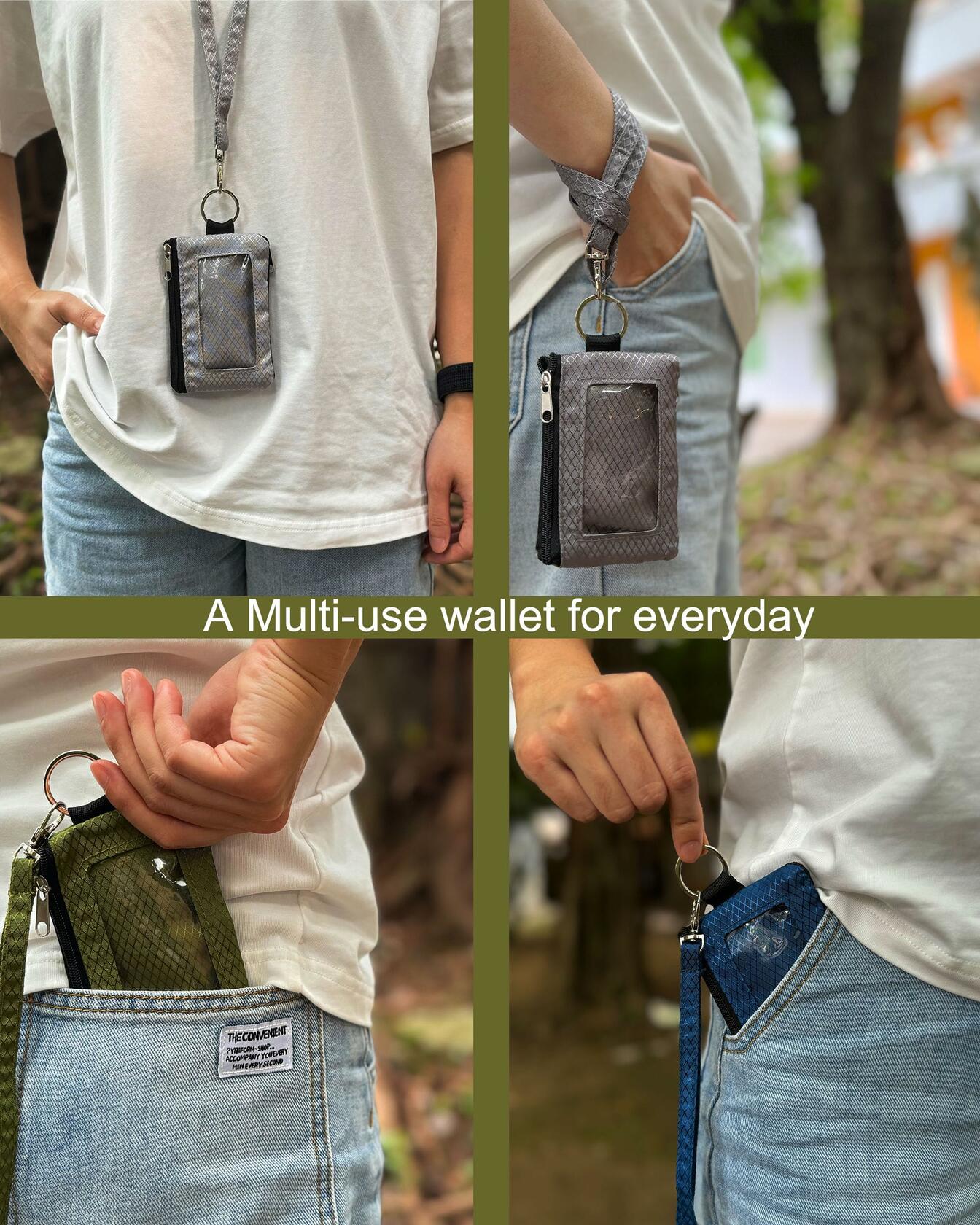 Minimalist Wallet RFID Blocking Keychain Lanyard Zipper ID Case Olive Green