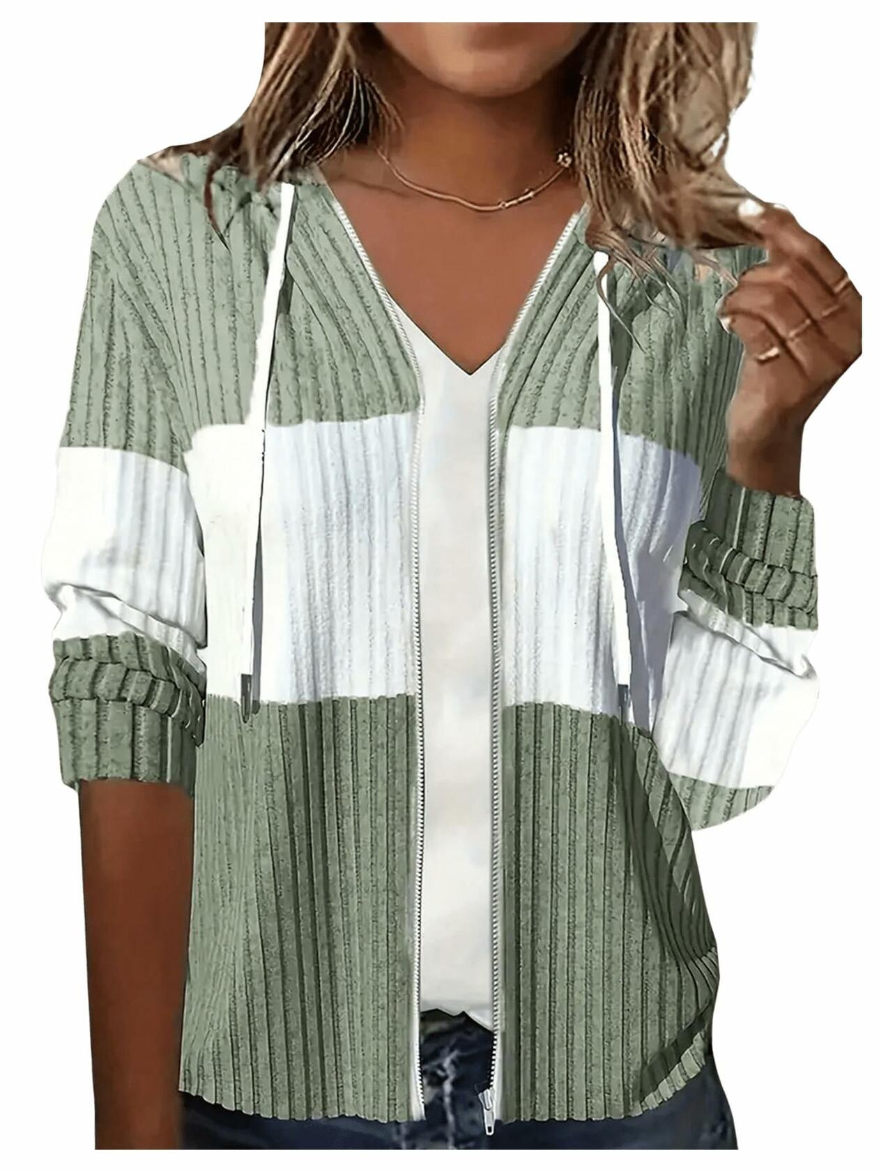 Women's Two Tone Drawstring Front Zip Up Hoodie Jacket Size XS