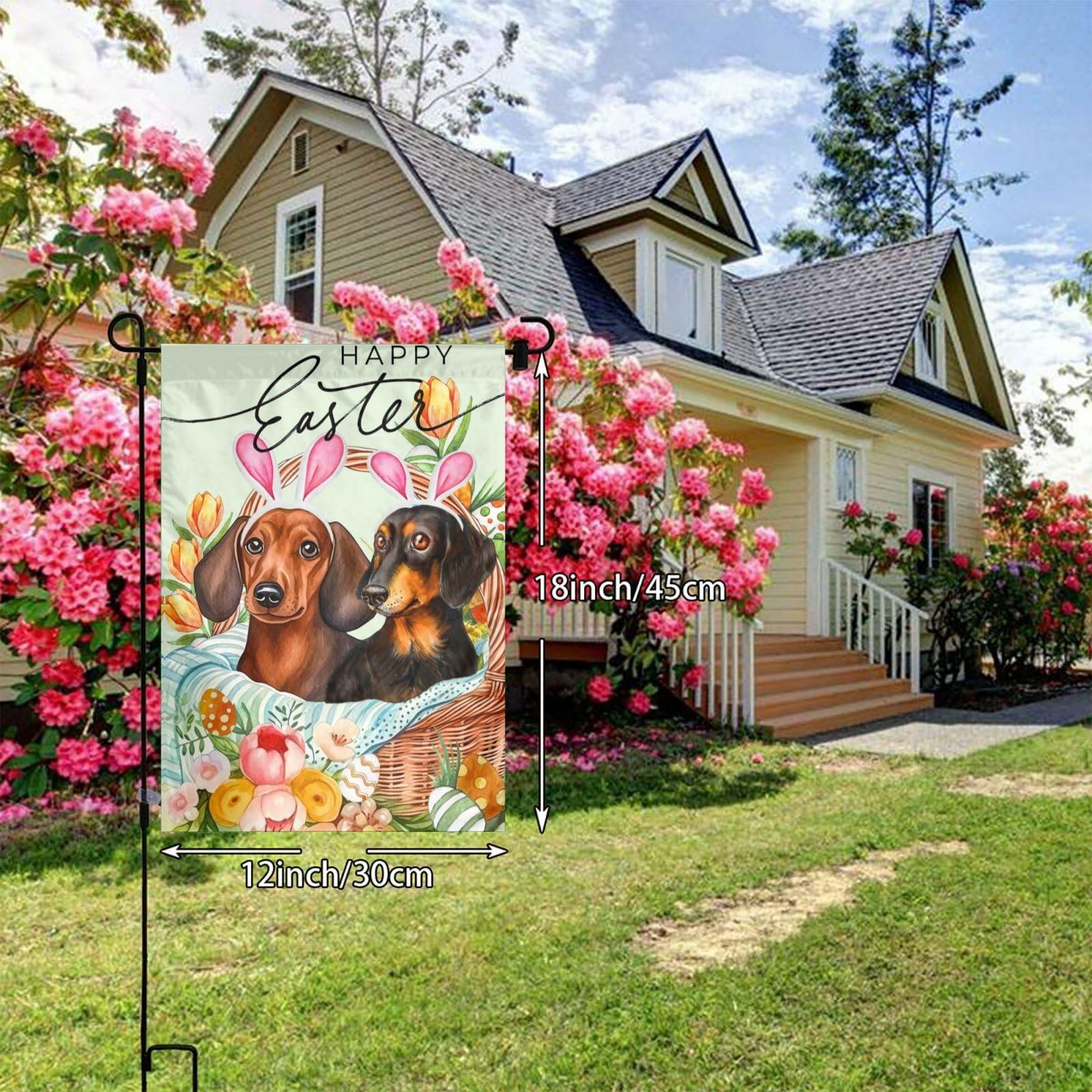 Happy Easter Dachshund Bunny Garden Flag Flower Yard Decor 12x18 Inch