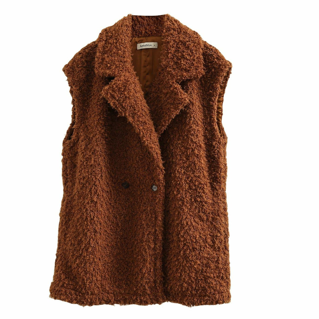 Amazhiyu Womens Faux Fur Waistcoat Vest with Pockets Sleeveless Brown Size XL