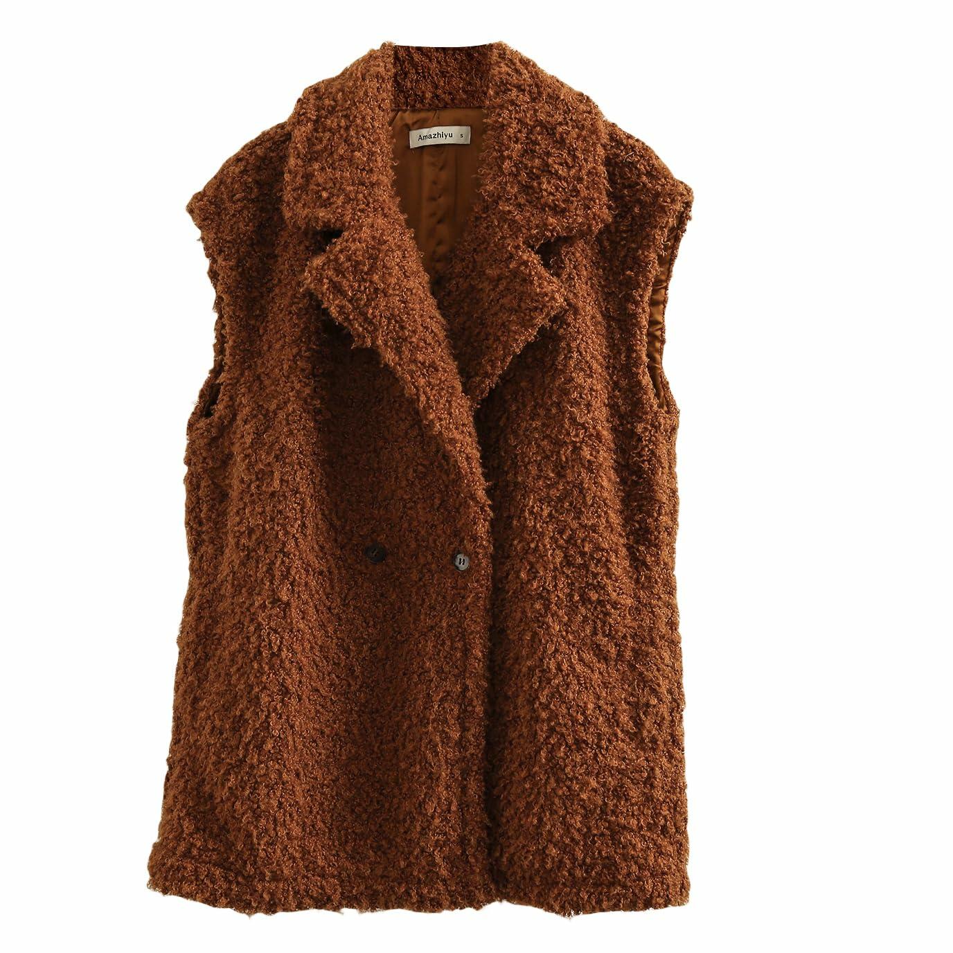Amazhiyu Womens Faux Fur Waistcoat Vest with Pockets Sleeveless Brown Size XL