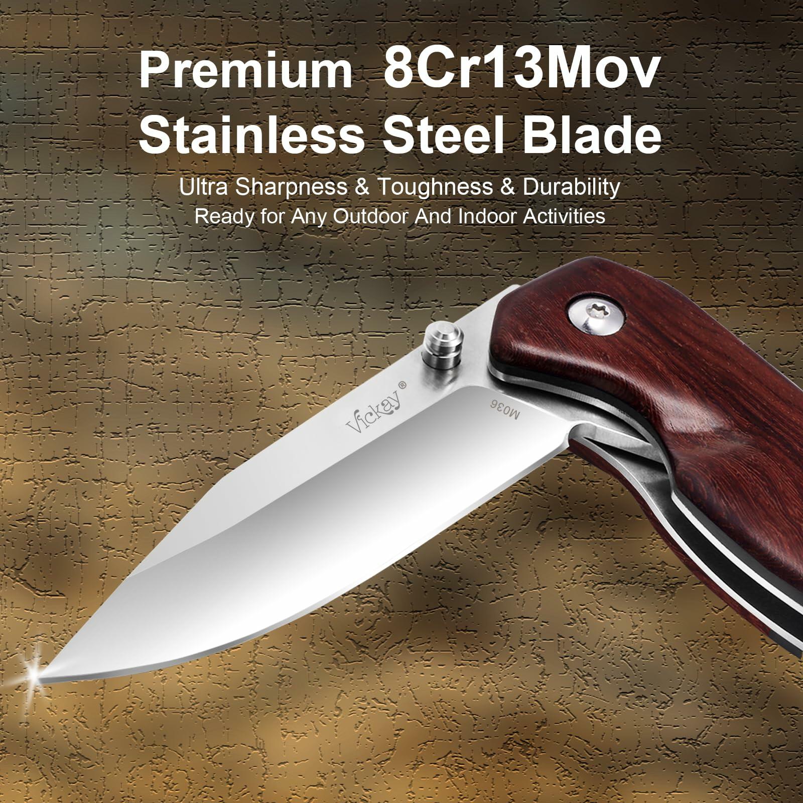 Pocket Knife Folding 2.76" 8Cr13MoV Steel Blade Wood Handle EDC Outdoor