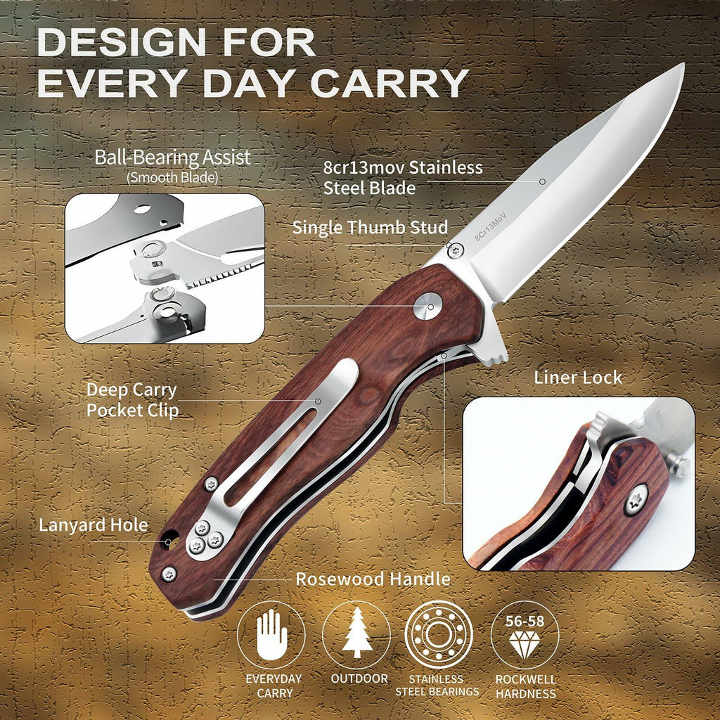 Pocket Knife Folding 2.76" 8Cr13MoV Steel Blade Wood Handle EDC Outdoor