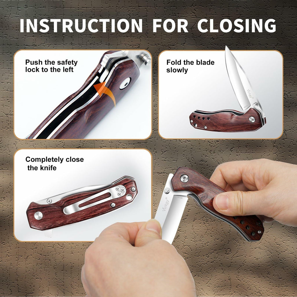 Pocket Knife Folding 2.76" 8Cr13MoV Steel Blade Wood Handle EDC Outdoor