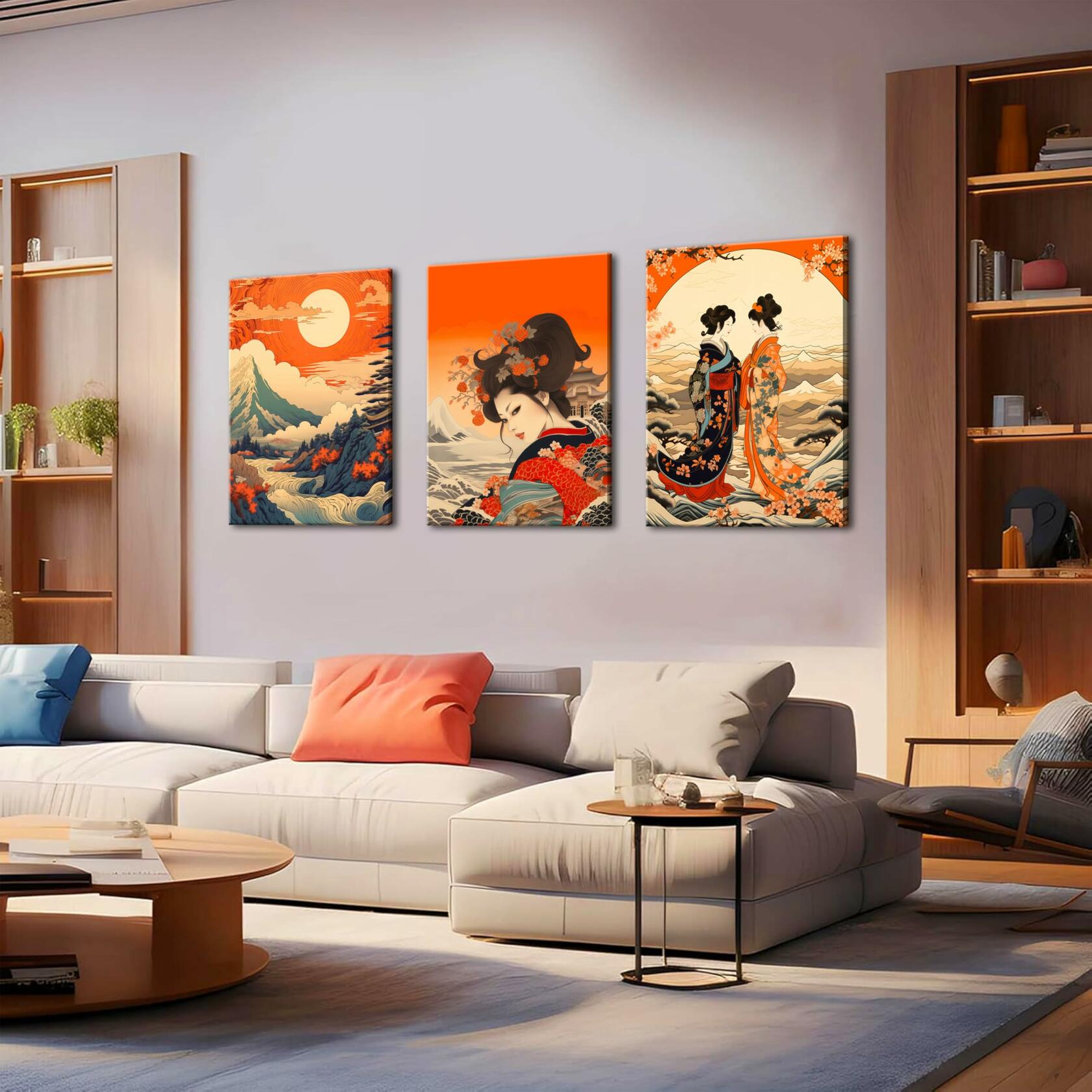 Framed Japanese Wall Art Set of 3 Nature Landscape Wave Cherry Blossom 12x16in