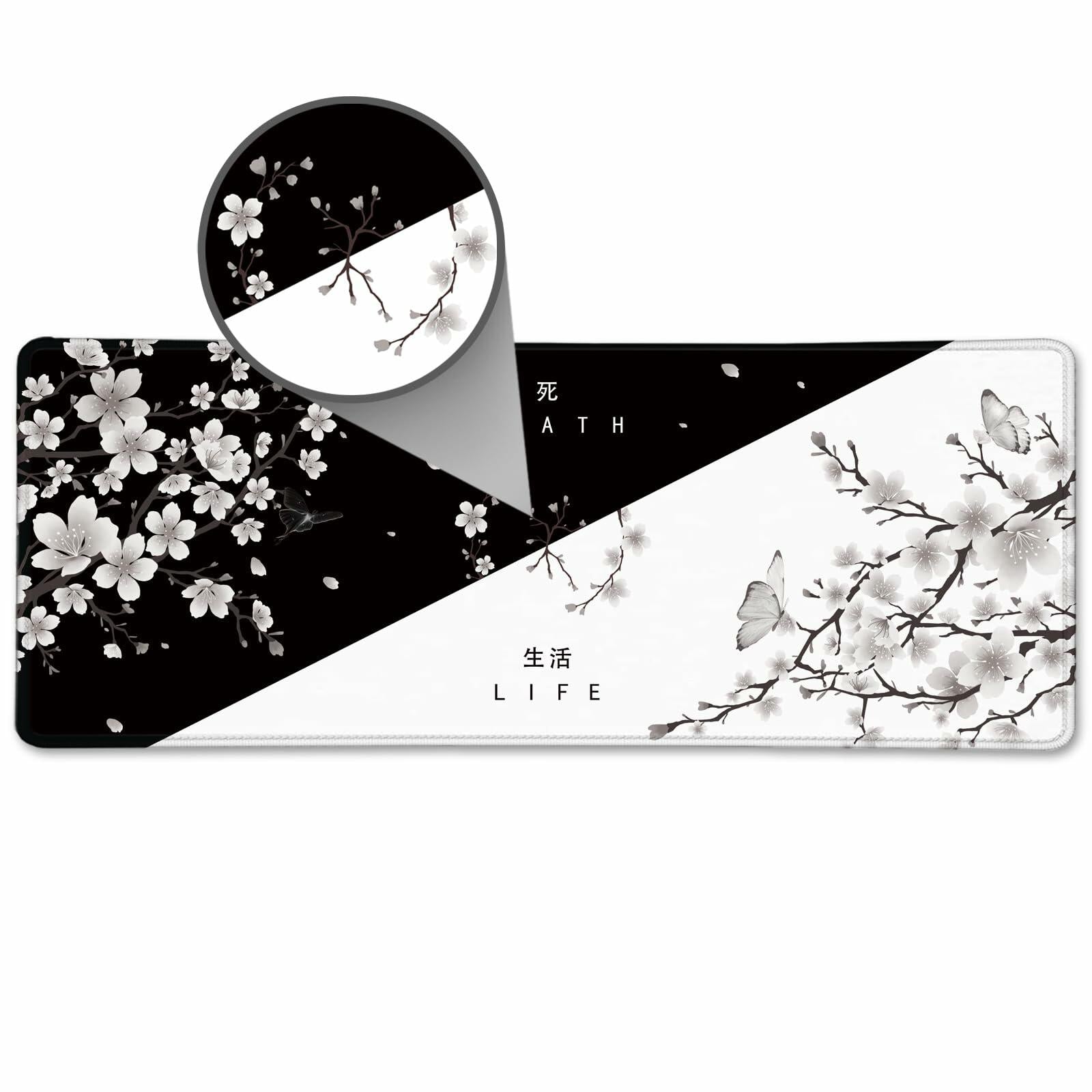 IF FEEL Cherry Blossom Yin Yang Mouse Pad XL Black White 31.5x11.8 Inch
