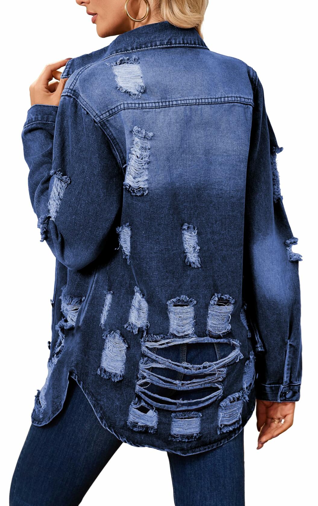 sexycherry Denim Navy Blue Distressed Trucker Jacket for Women Size 3X-Large