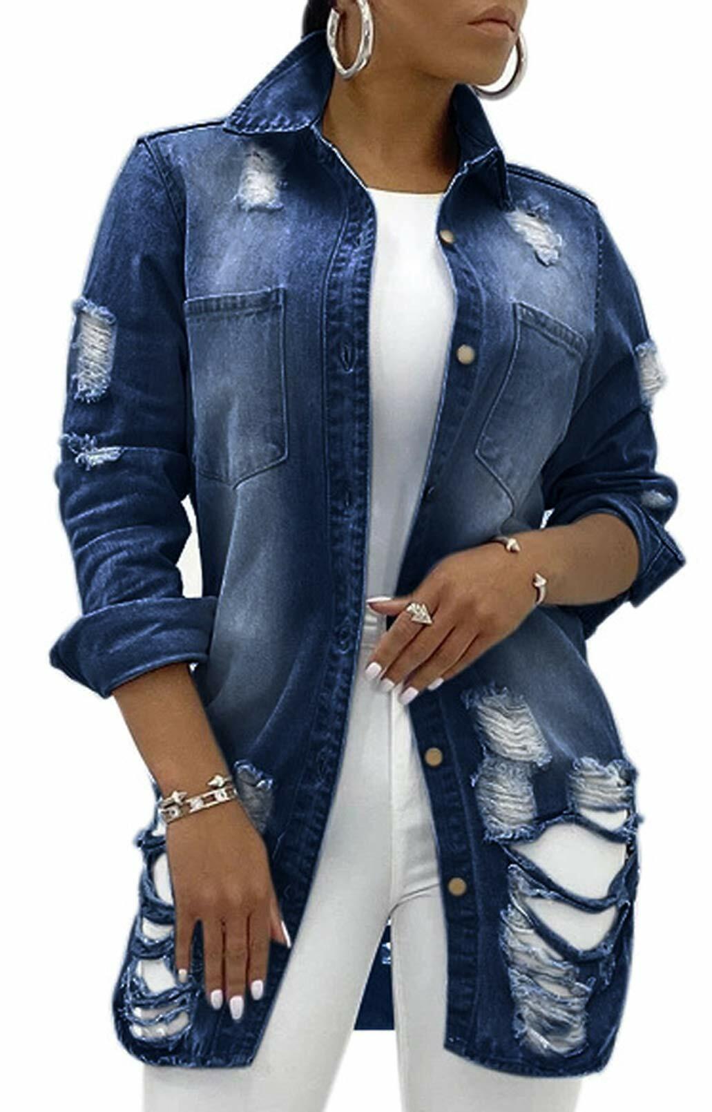 sexycherry Denim Navy Blue Distressed Trucker Jacket for Women Size 3X-Large