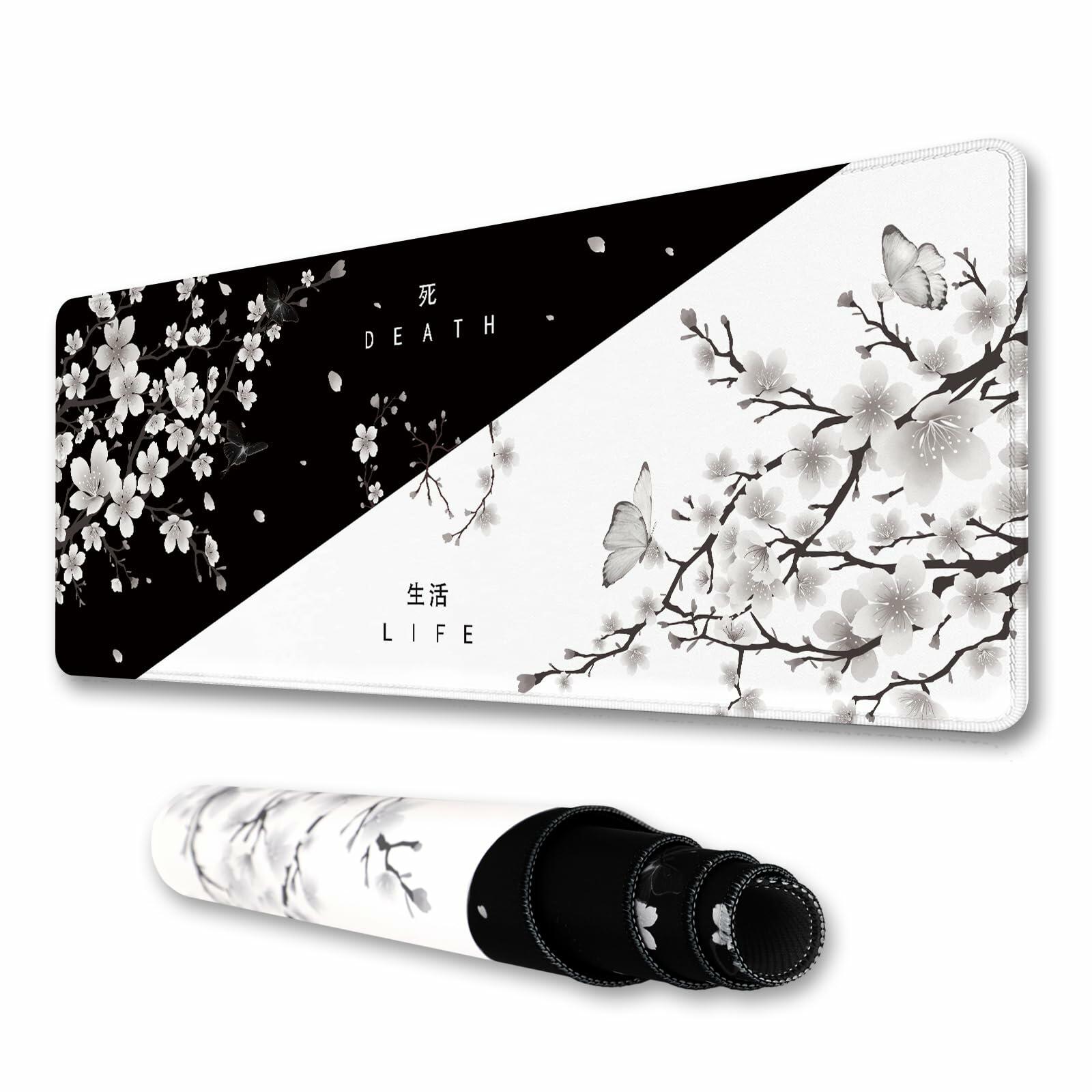IF FEEL Cherry Blossom Yin Yang Mouse Pad XL Black White 31.5x11.8 Inch