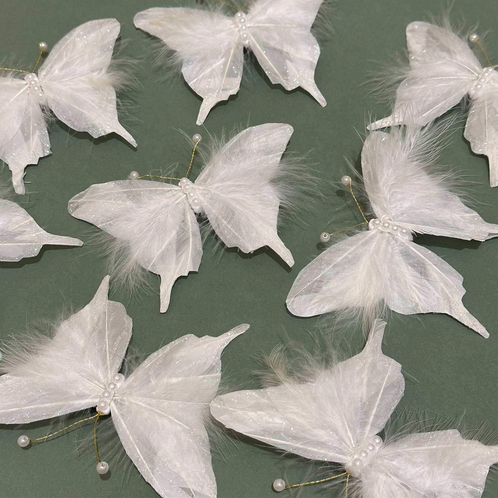 12PCS White Feather Butterfly Clips with Pearls 3inch for Crafts Wedding