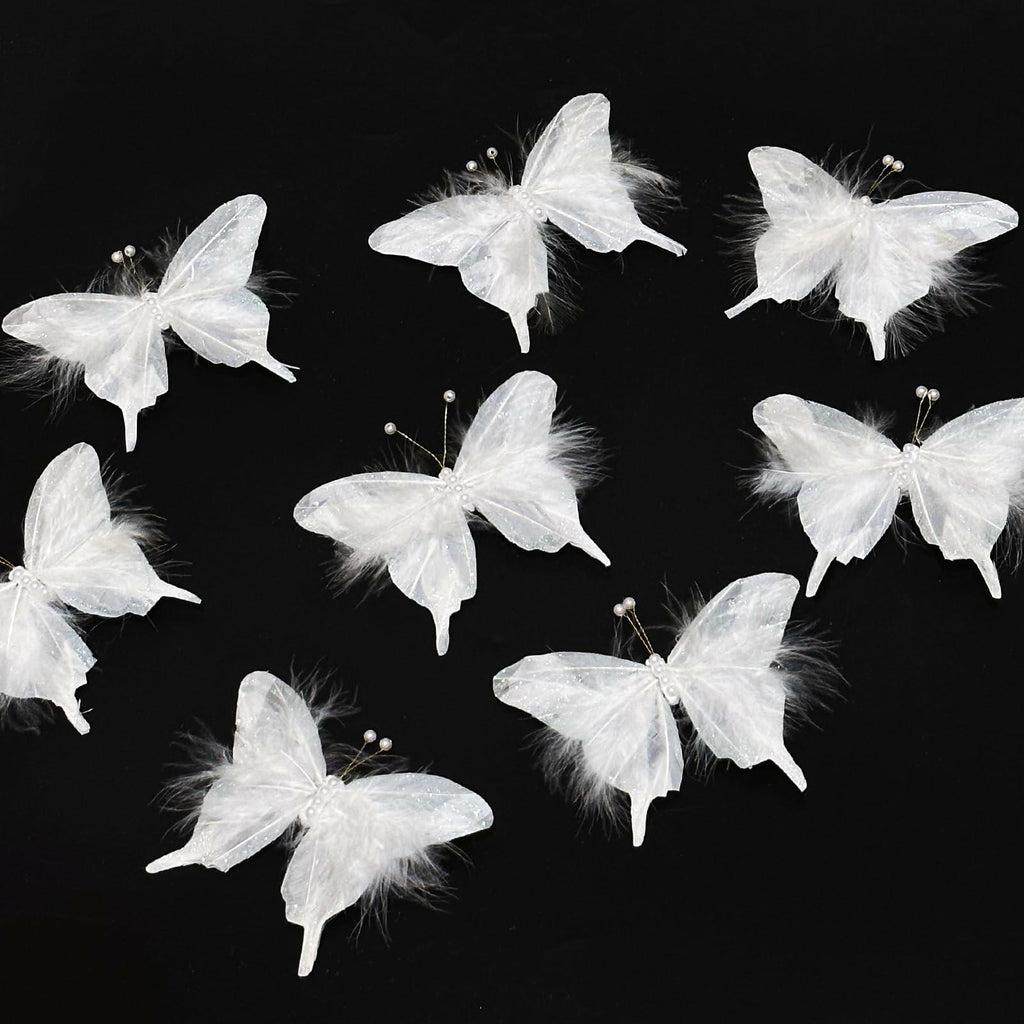 12PCS White Feather Butterfly Clips with Pearls 3inch for Crafts Wedding