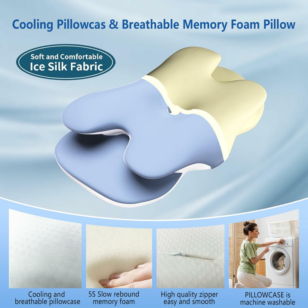 Cervical Neck Pillow Memory Foam Ice Silk Pillowcase Ergonomic Support Blue