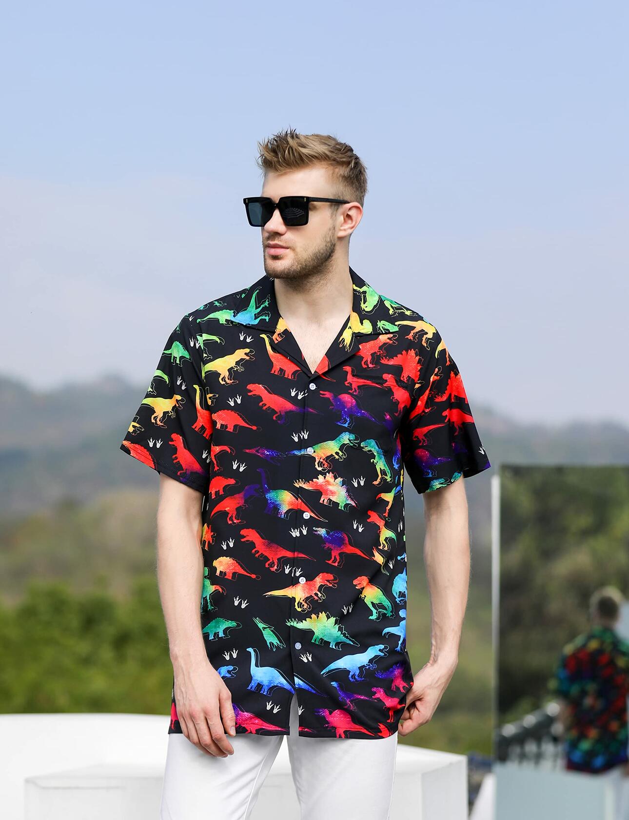 GADZILLE Mens Dinosaur Tie Dye Button Down Shirt Rainbow Size XL