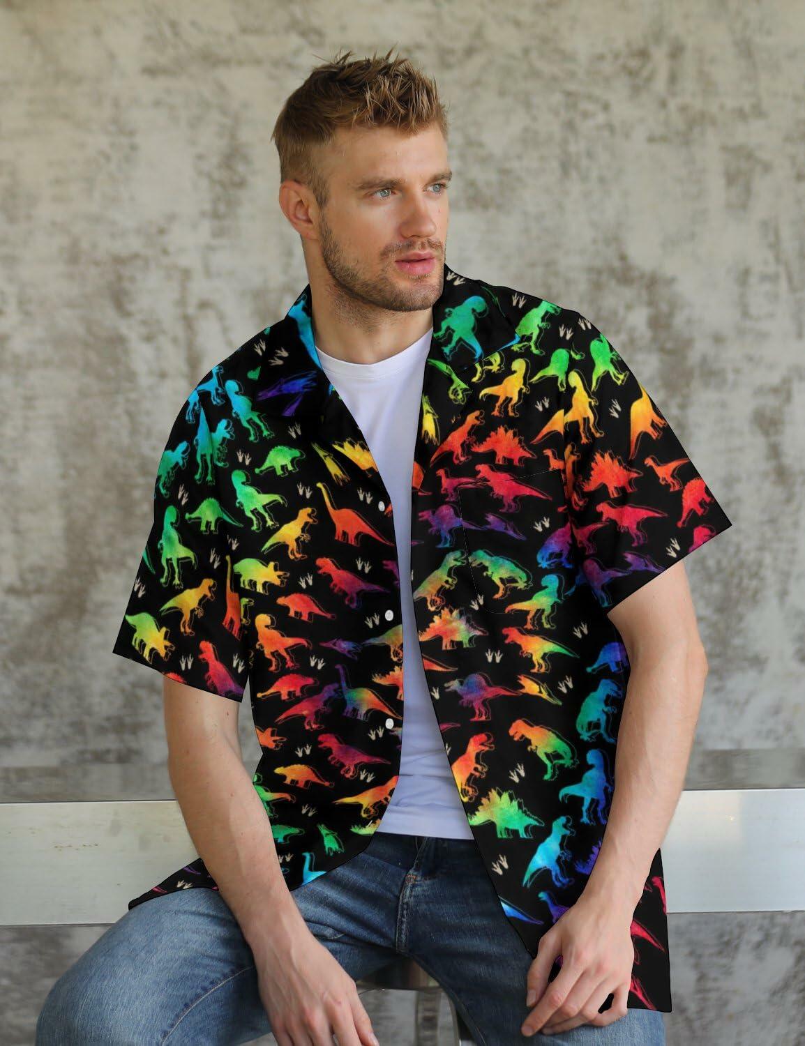 GADZILLE Mens Dinosaur Tie Dye Button Down Shirt Rainbow Size XL