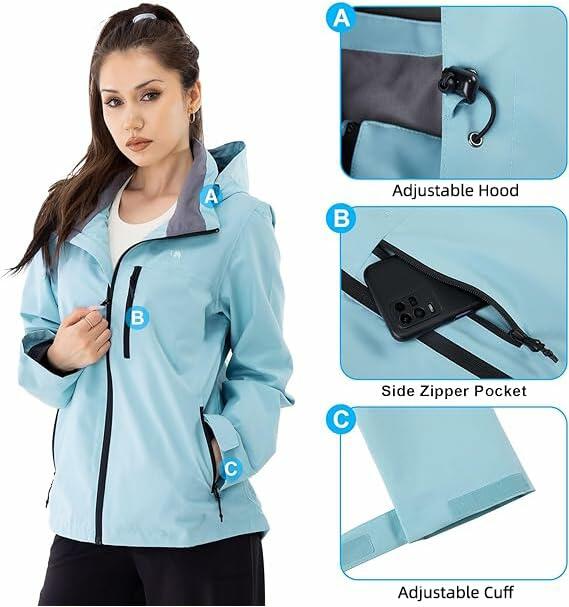 CAMEL CROWN Women's Waterproof Shell BLUE Jacket Windbreaker Hooded Rain Coat XL