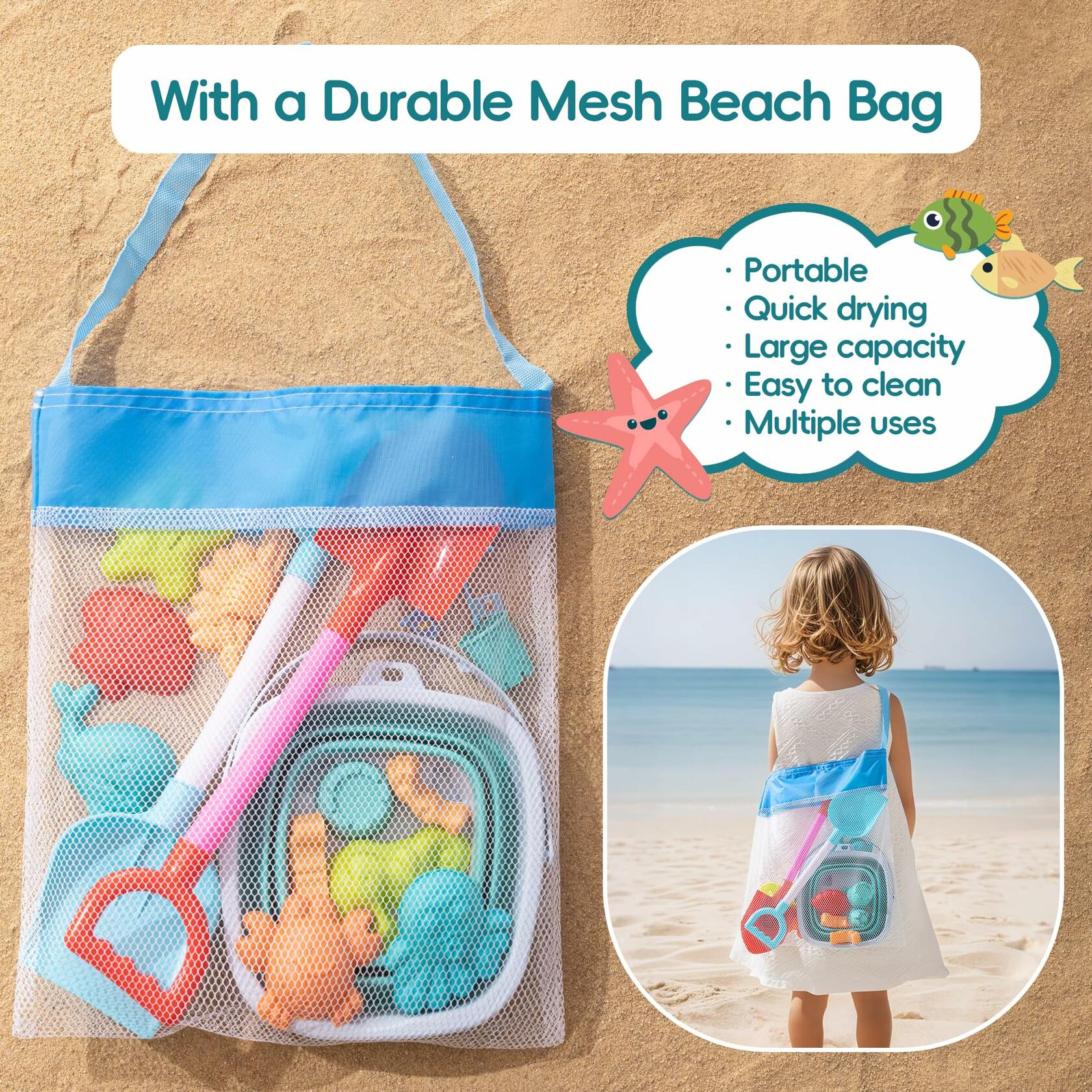 Beach Toys for Kids 19 PCS Sandcastle Set Bucket Shovel Mesh Bag