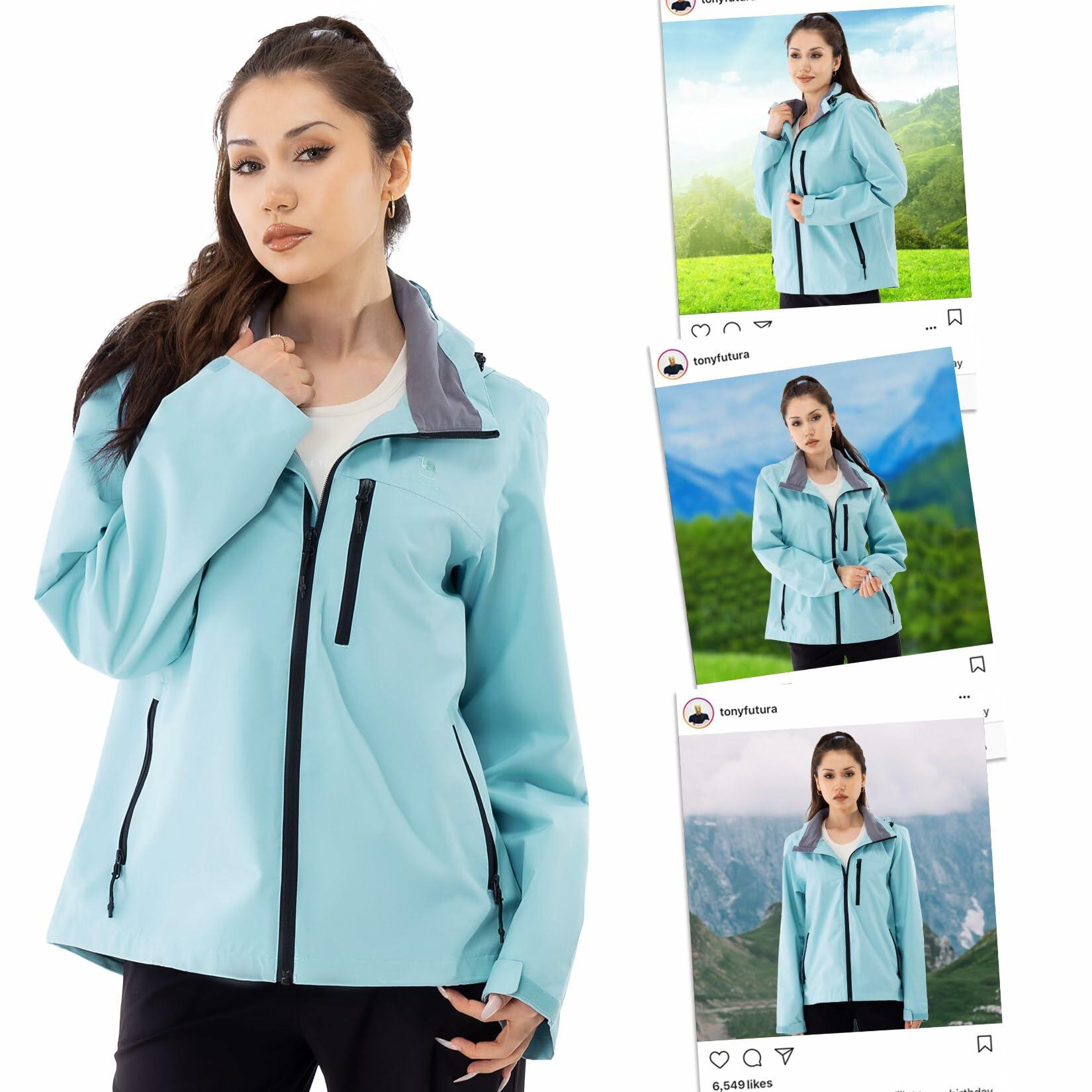 CAMEL CROWN Women's Waterproof Shell BLUE Jacket Windbreaker Hooded Rain Coat XL