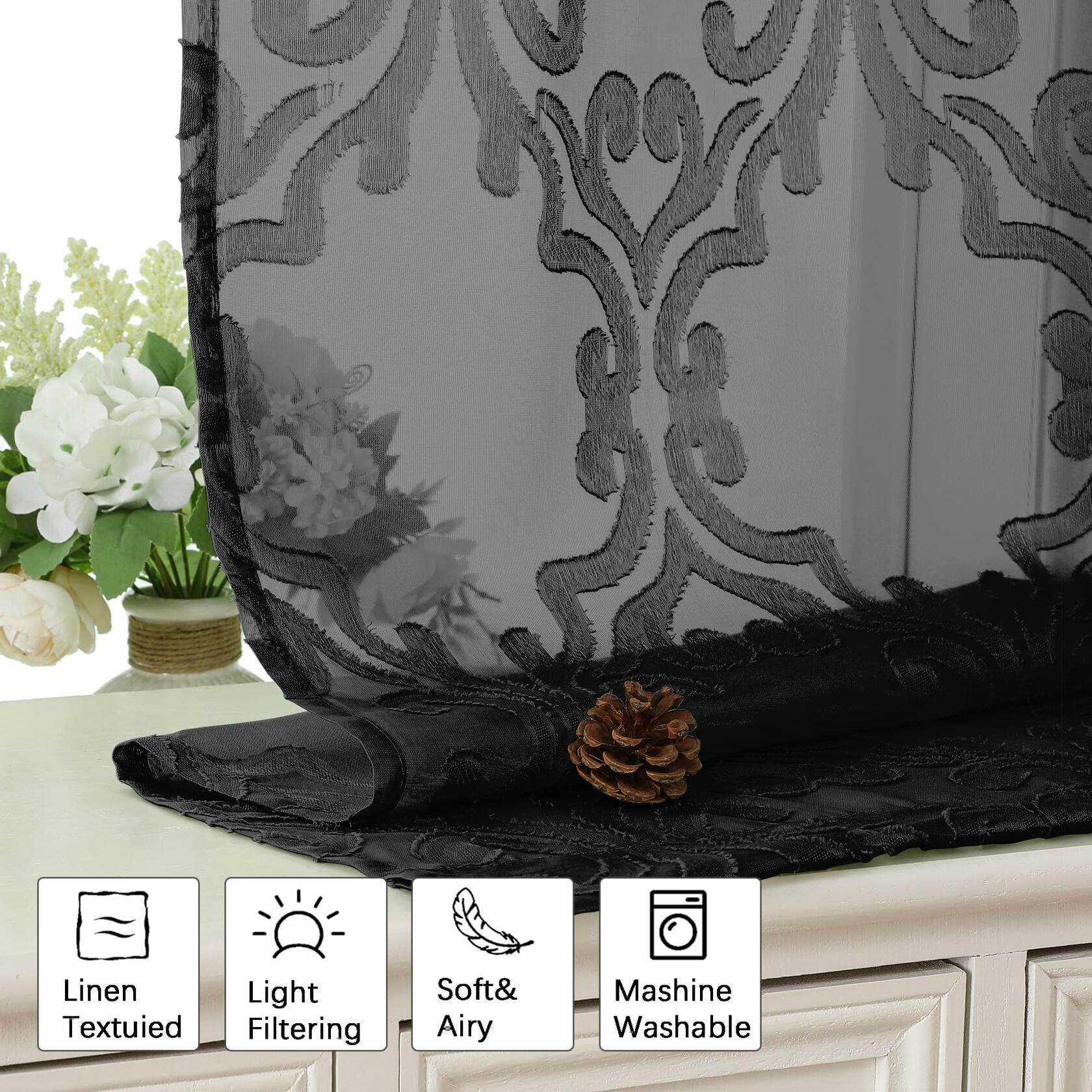 Aiyufeng Suri Sheer Curtains 2 Panels Black 42x45 Inch