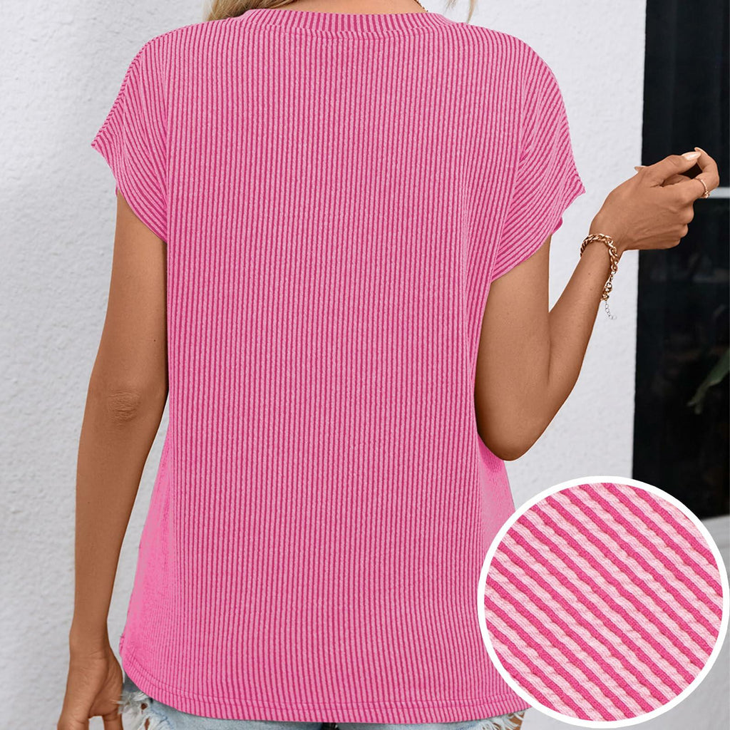 levaca Ribbed Cap Sleeve T Shirt with Front Pocket Blue Size S