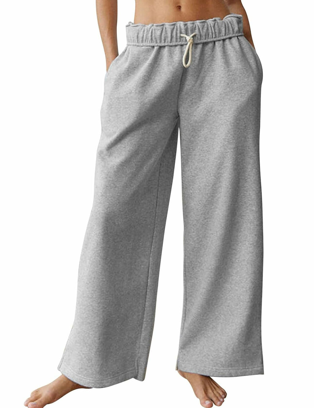 Women's Casual Baggy Fleece Sweatpants Drawstring Loose Joggers Lightgrey Size L
