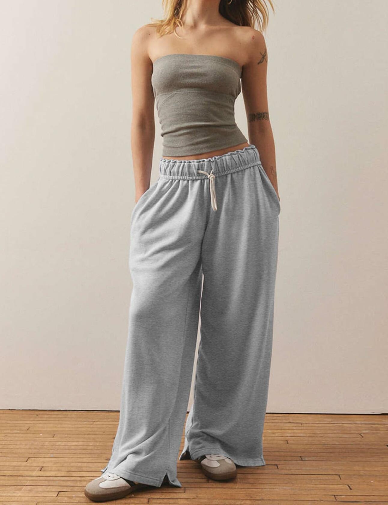 Women's Casual Baggy Fleece Sweatpants Drawstring Loose Joggers Lightgrey Size L