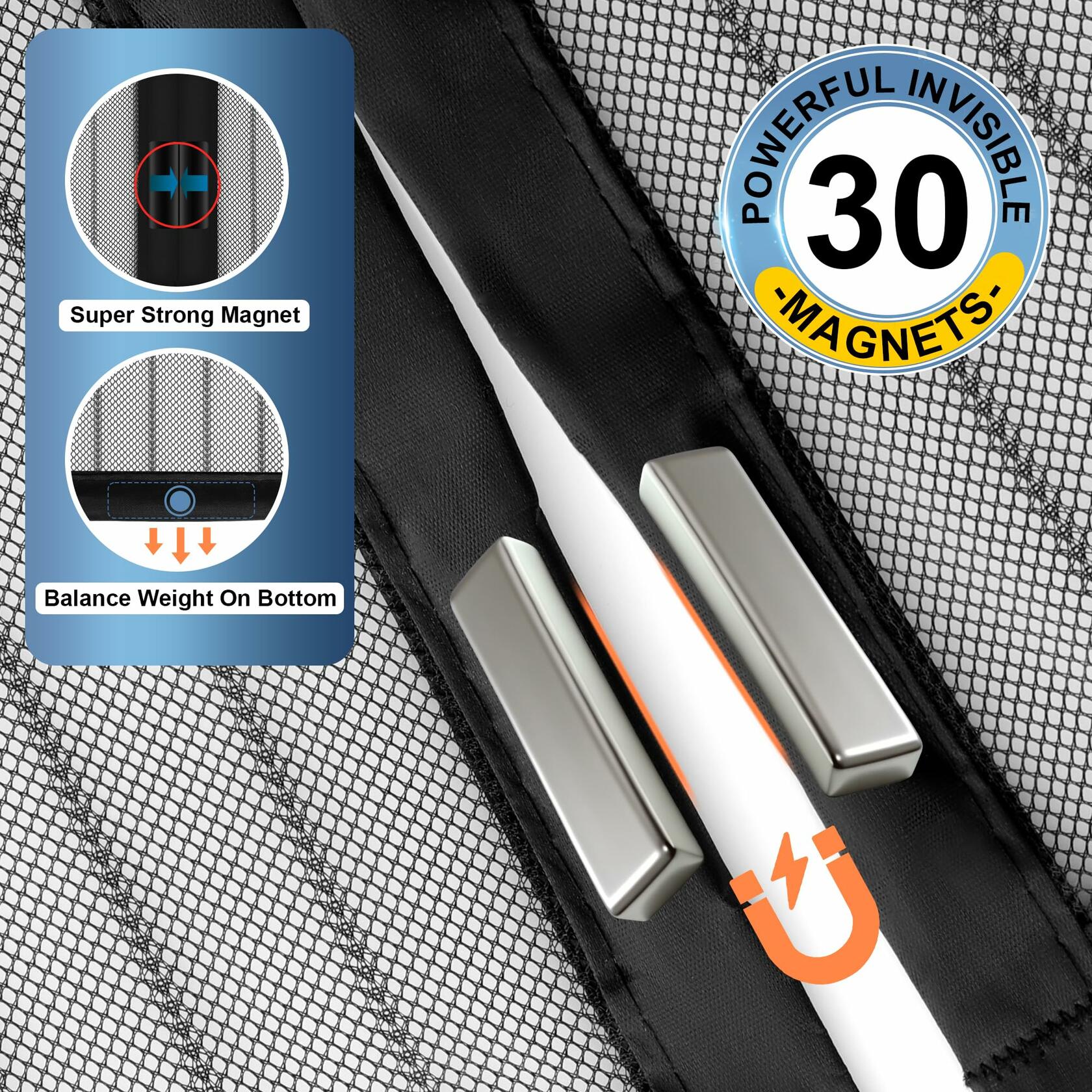 Magnetic Screen Door Mesh Black Fits Door Size 34x82, Screen 36x83 Inch