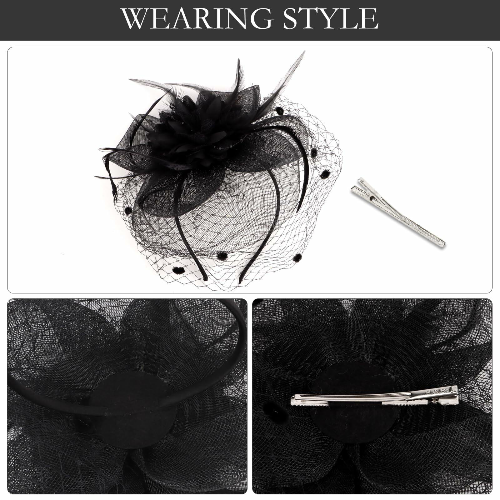 Hotalisona Women's Feather Tulle Fascinator Hat Black Tea Party Headband Clip