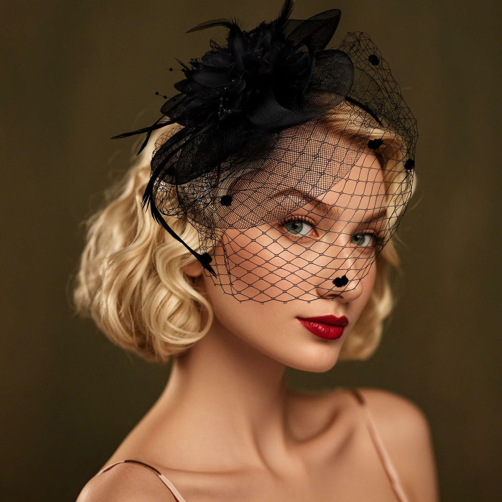 Hotalisona Women's Feather Tulle Fascinator Hat Black Tea Party Headband Clip
