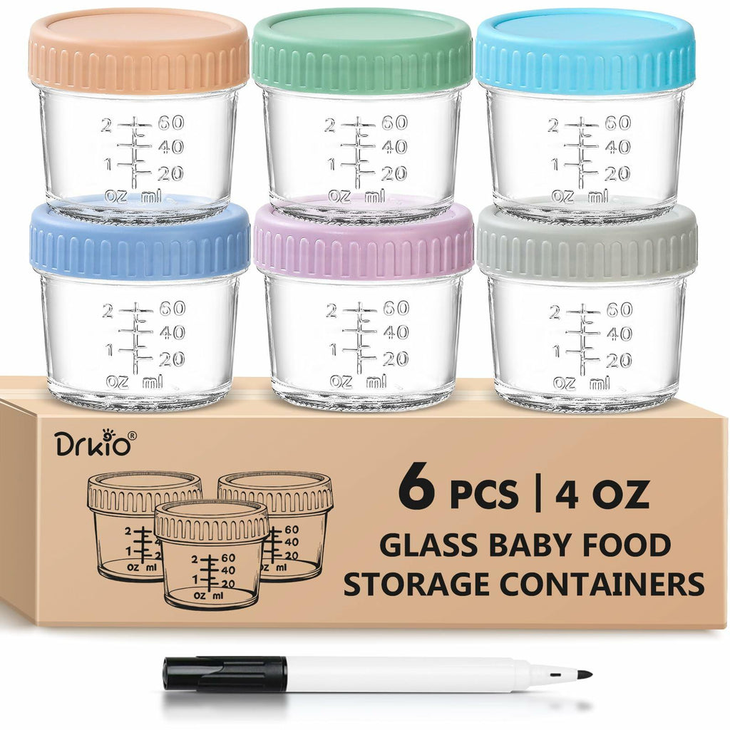 DRKIO 6 Pack Glass Baby Food Storage Containers 4oz BPA Free Leak Proof