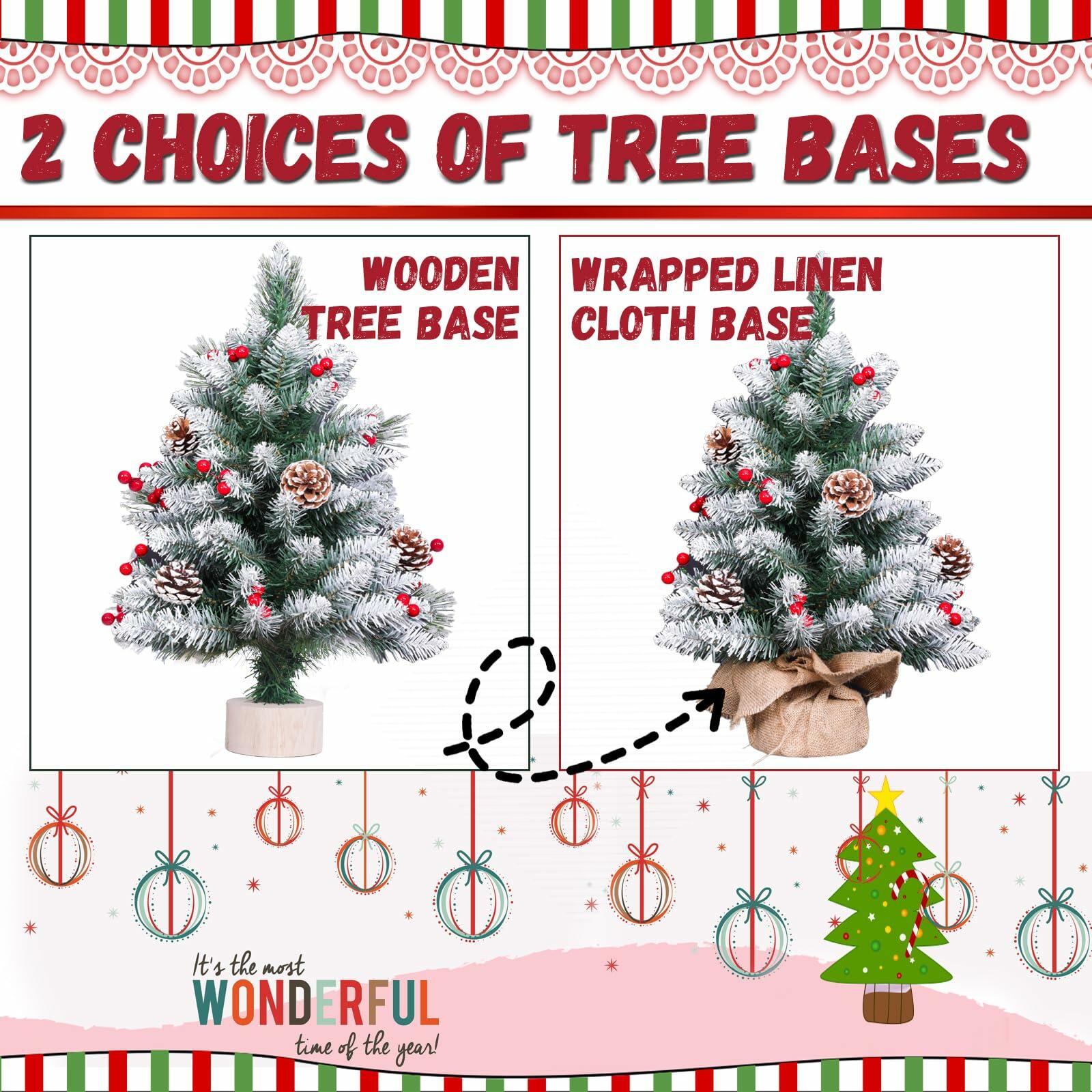 Mini Christmas Tree 2FT with Lights White Flocking Snow Berries Wood Base