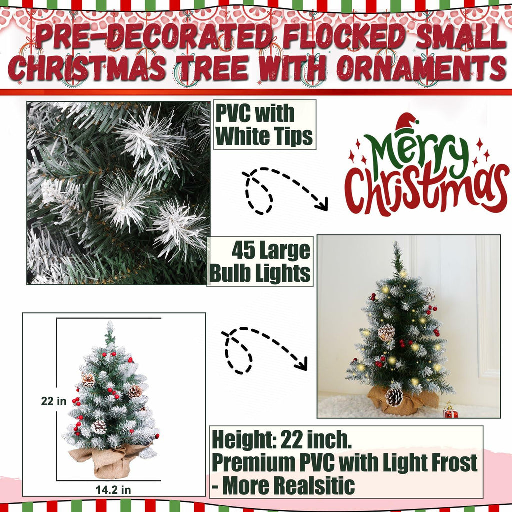 Mini Christmas Tree 2FT with Lights White Flocking Snow Berries Wood Base