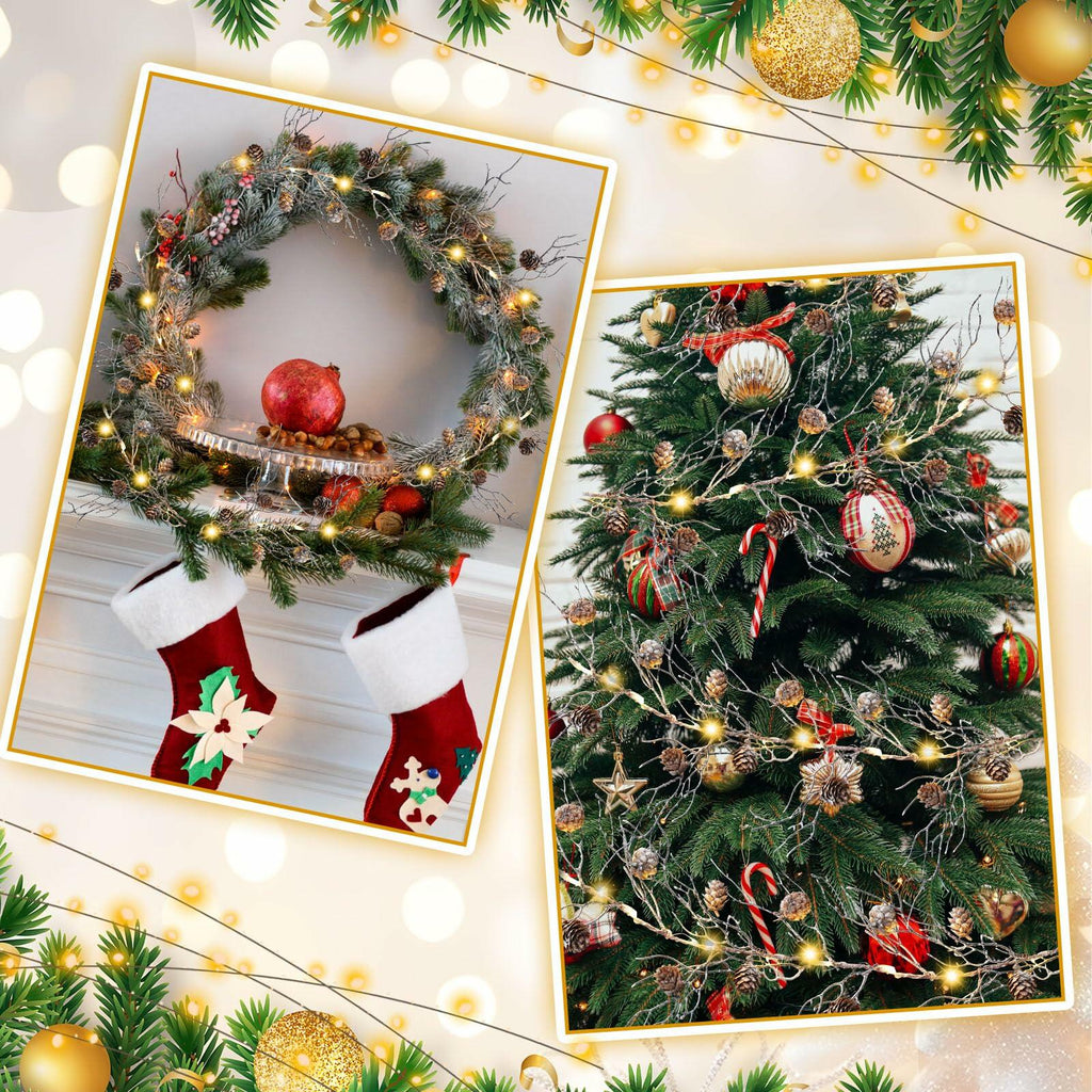 Jutom Christmas Pine Cone Garland with Lights 5.41ft Snowy Flocked Decor