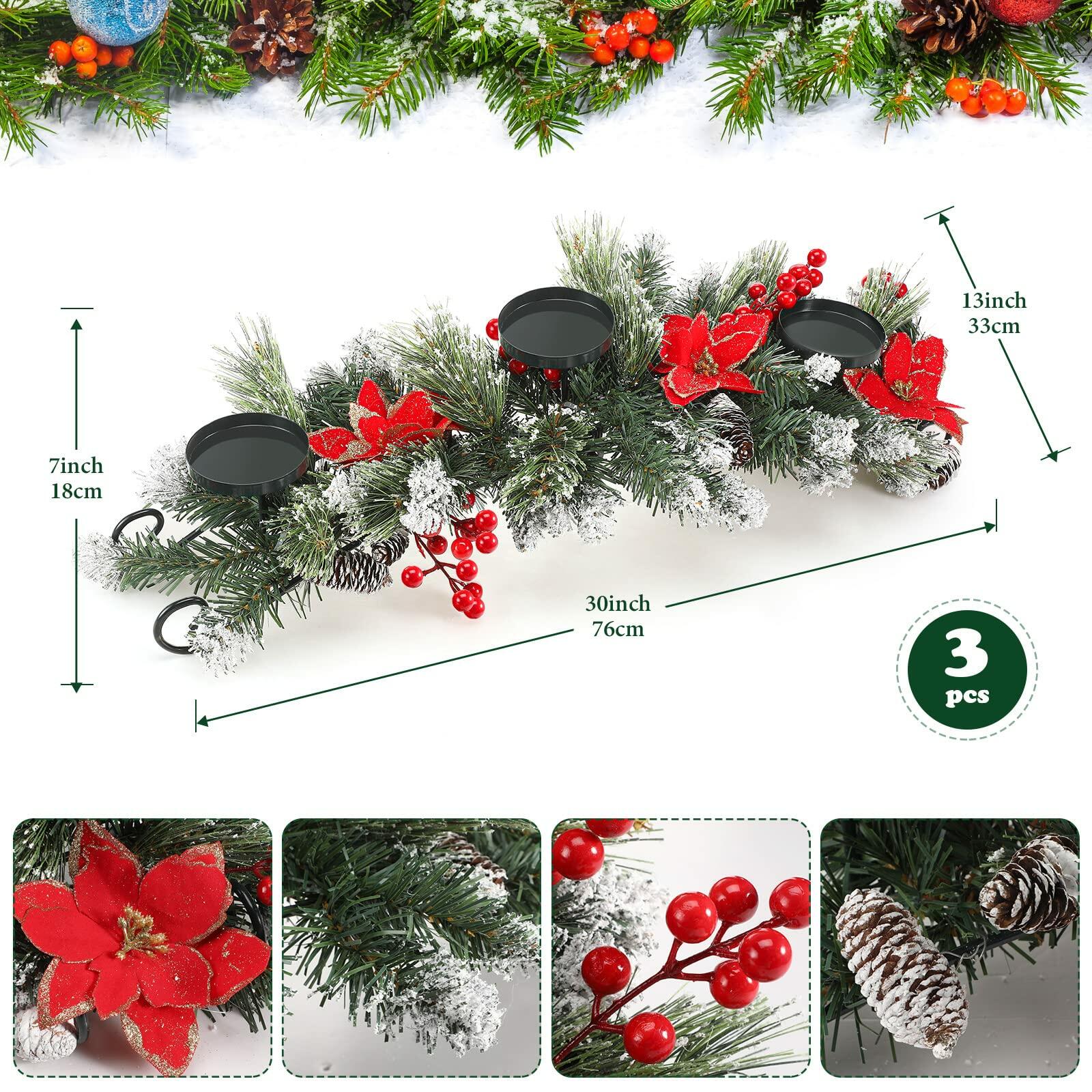 Artificial Christmas Centerpiece 3 Candle Holders Red Flowers Berries 30 Inch