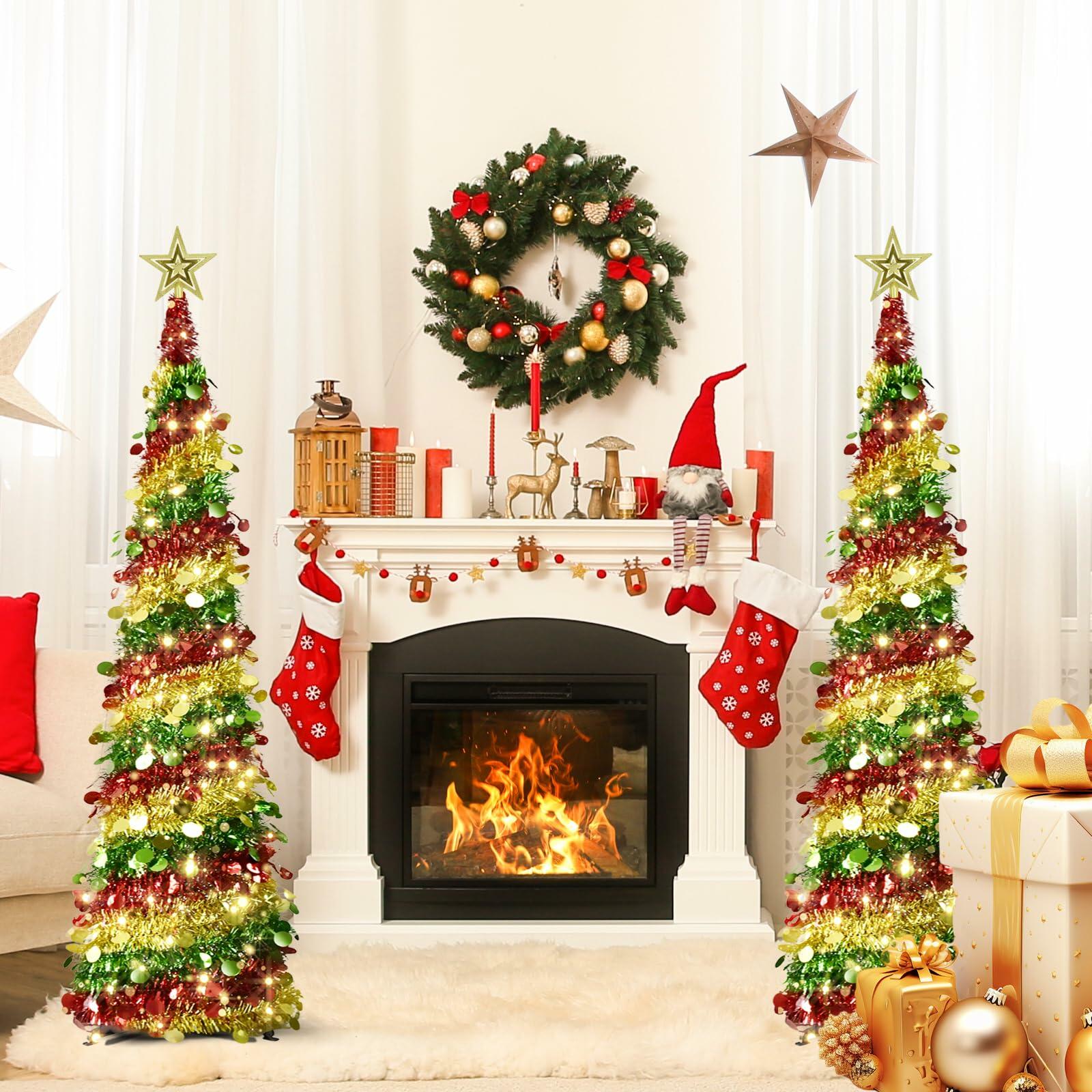 [Like New] Miracleart 5FT Pop Up Christmas Tree LED Lights Tinsel Red Green Gold 2ft