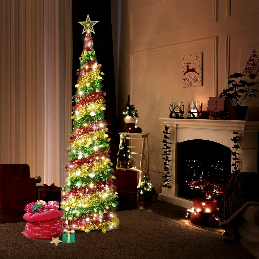 [Like New] Miracleart 5FT Pop Up Christmas Tree LED Lights Tinsel Red Green Gold 2ft