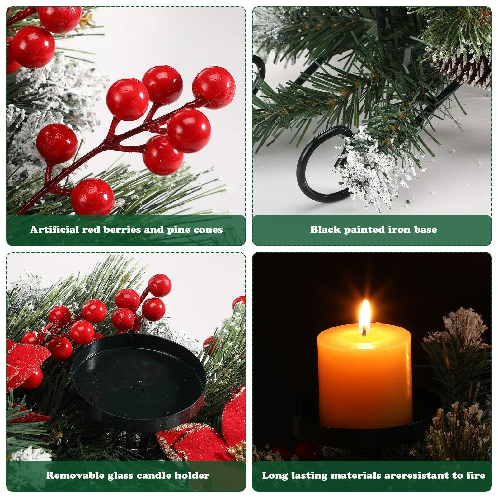Artificial Christmas Centerpiece 3 Candle Holders Red Flowers Berries 30 Inch