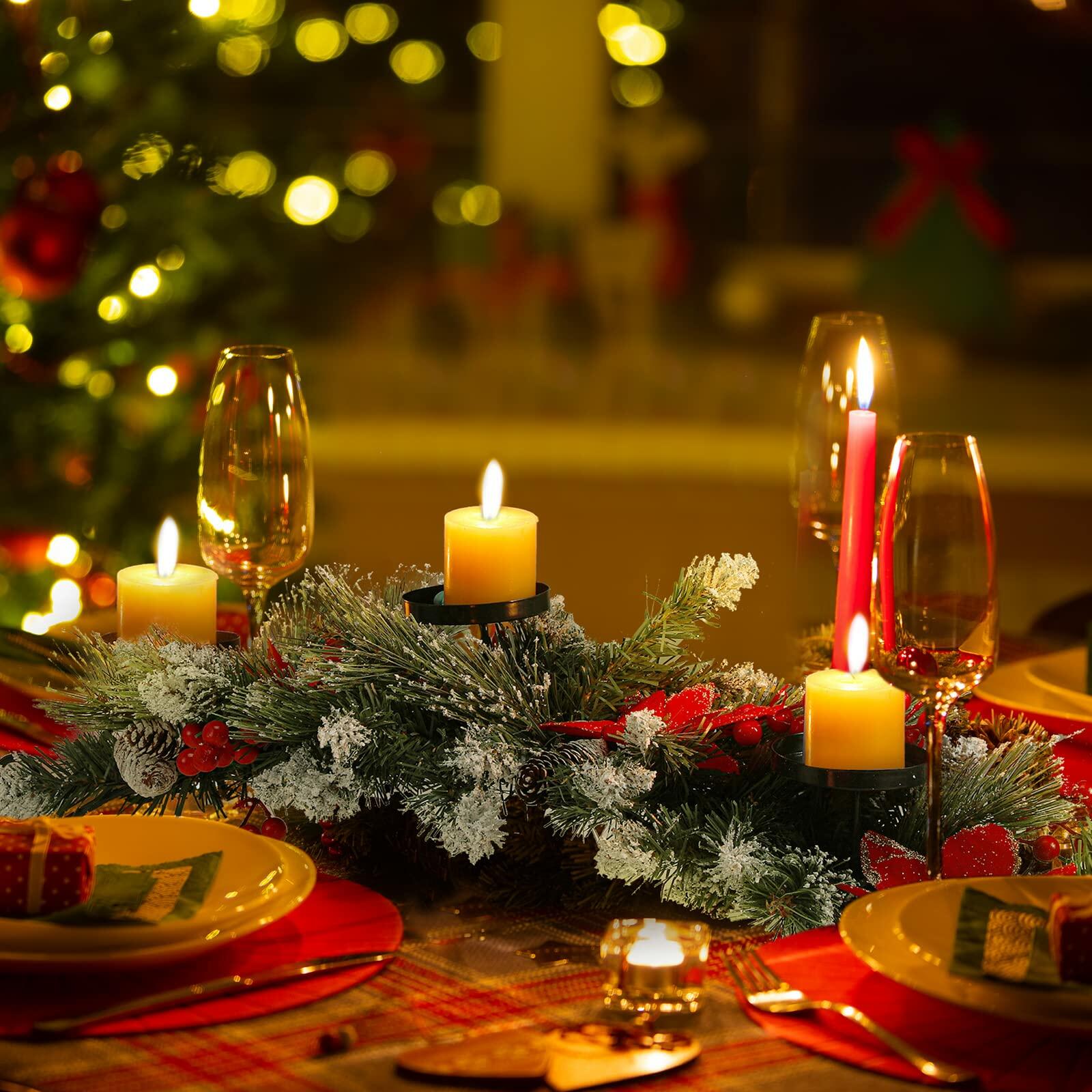 Artificial Christmas Centerpiece 3 Candle Holders Red Flowers Berries 30 Inch