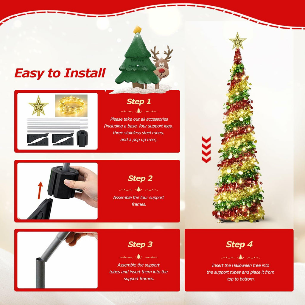 [Like New] Miracleart 5FT Pop Up Christmas Tree LED Lights Tinsel Red Green Gold 2ft