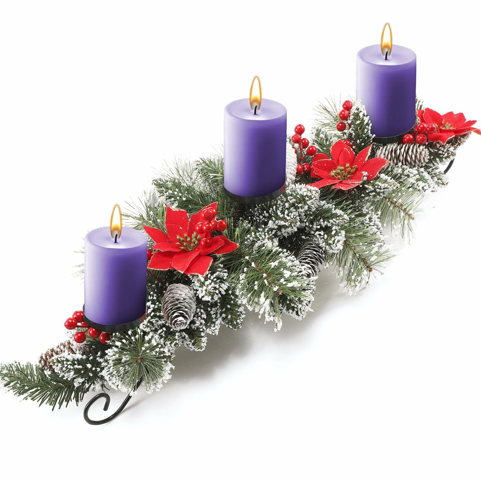Artificial Christmas Centerpiece 3 Candle Holders Red Flowers Berries 30 Inch