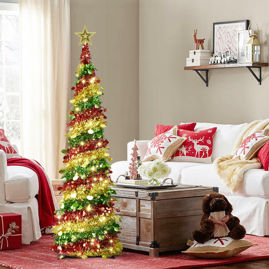 [Like New] Miracleart 5FT Pop Up Christmas Tree LED Lights Tinsel Red Green Gold 2ft