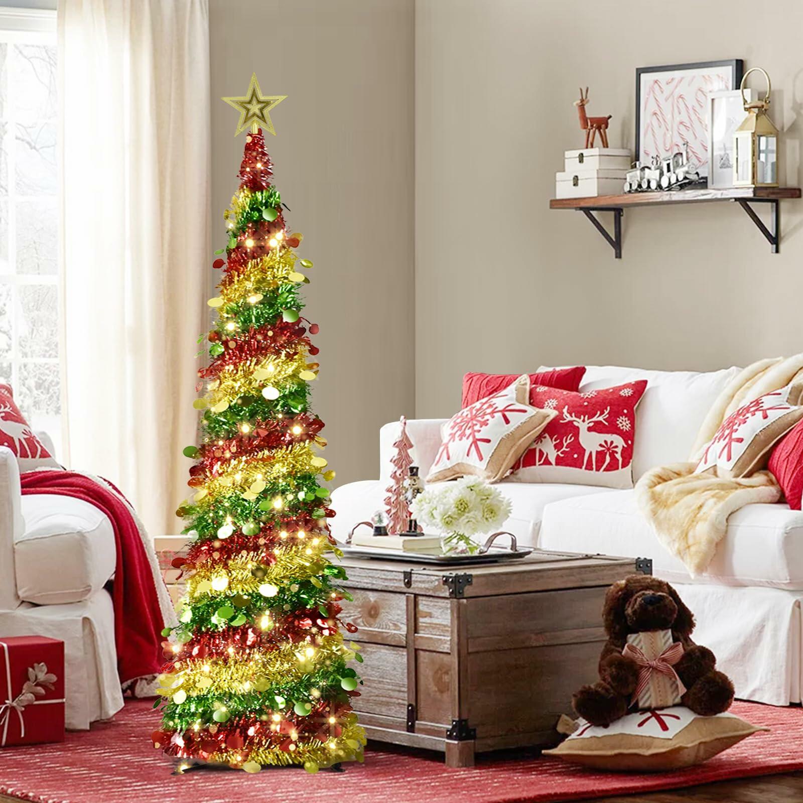 [Like New] Miracleart 5FT Pop Up Christmas Tree LED Lights Tinsel Red Green Gold 2ft
