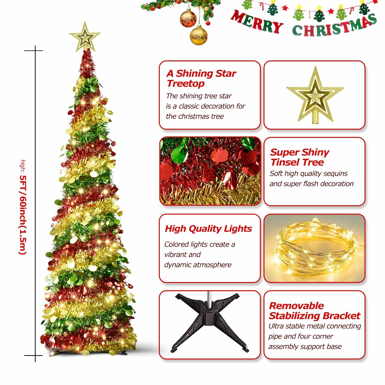 [Like New] Miracleart 5FT Pop Up Christmas Tree LED Lights Tinsel Red Green Gold 2ft