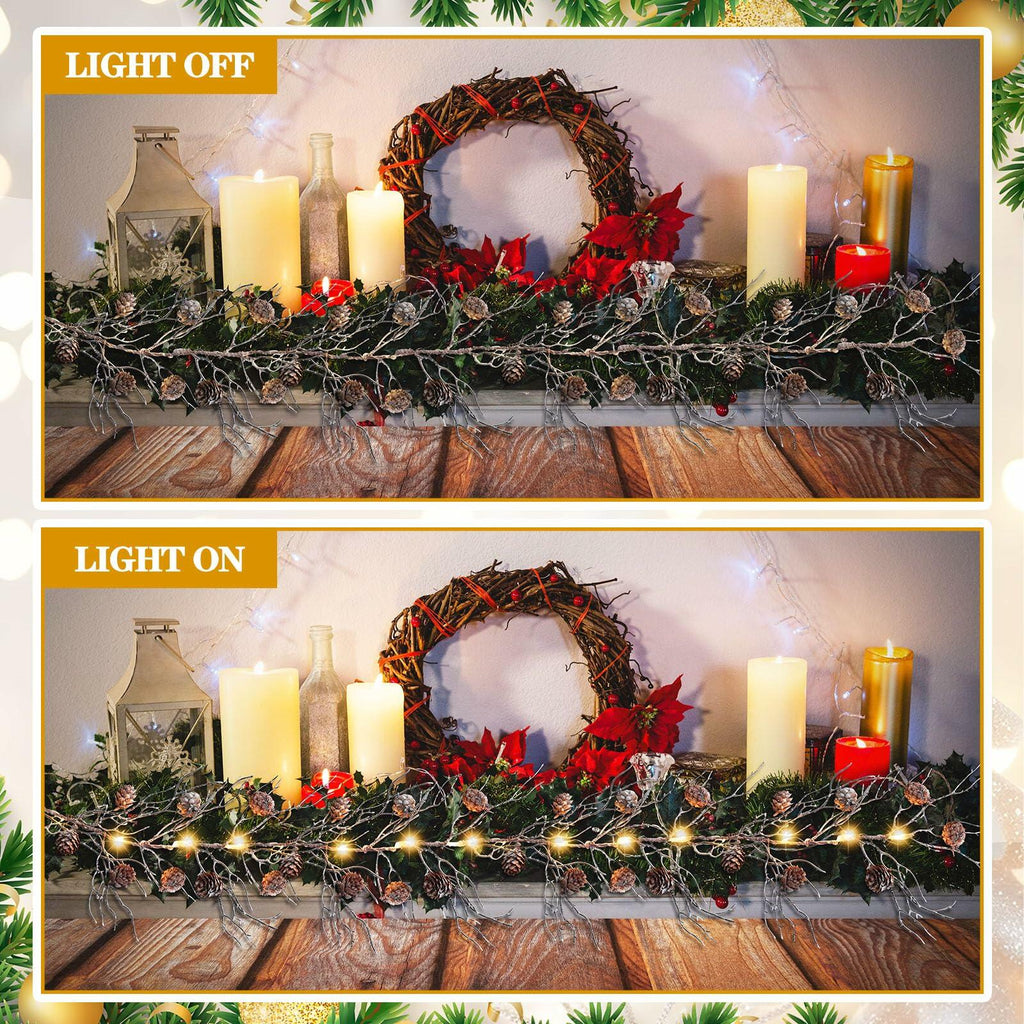 Jutom Christmas Pine Cone Garland with Lights 5.41ft Snowy Flocked Decor