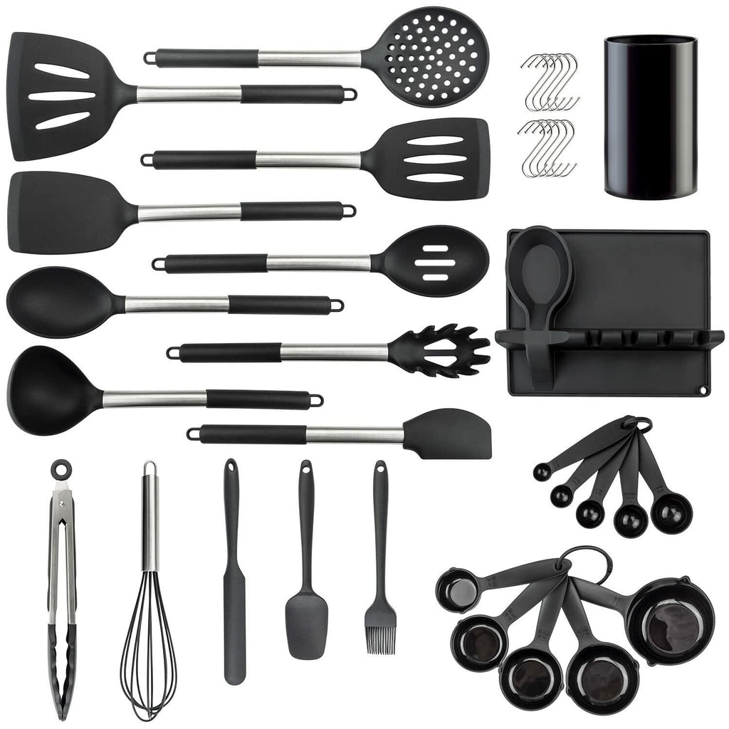 [Like New] LeMuna Silicone Kitchen Utensils Set Heat Resistant BPA Free Black Stainless