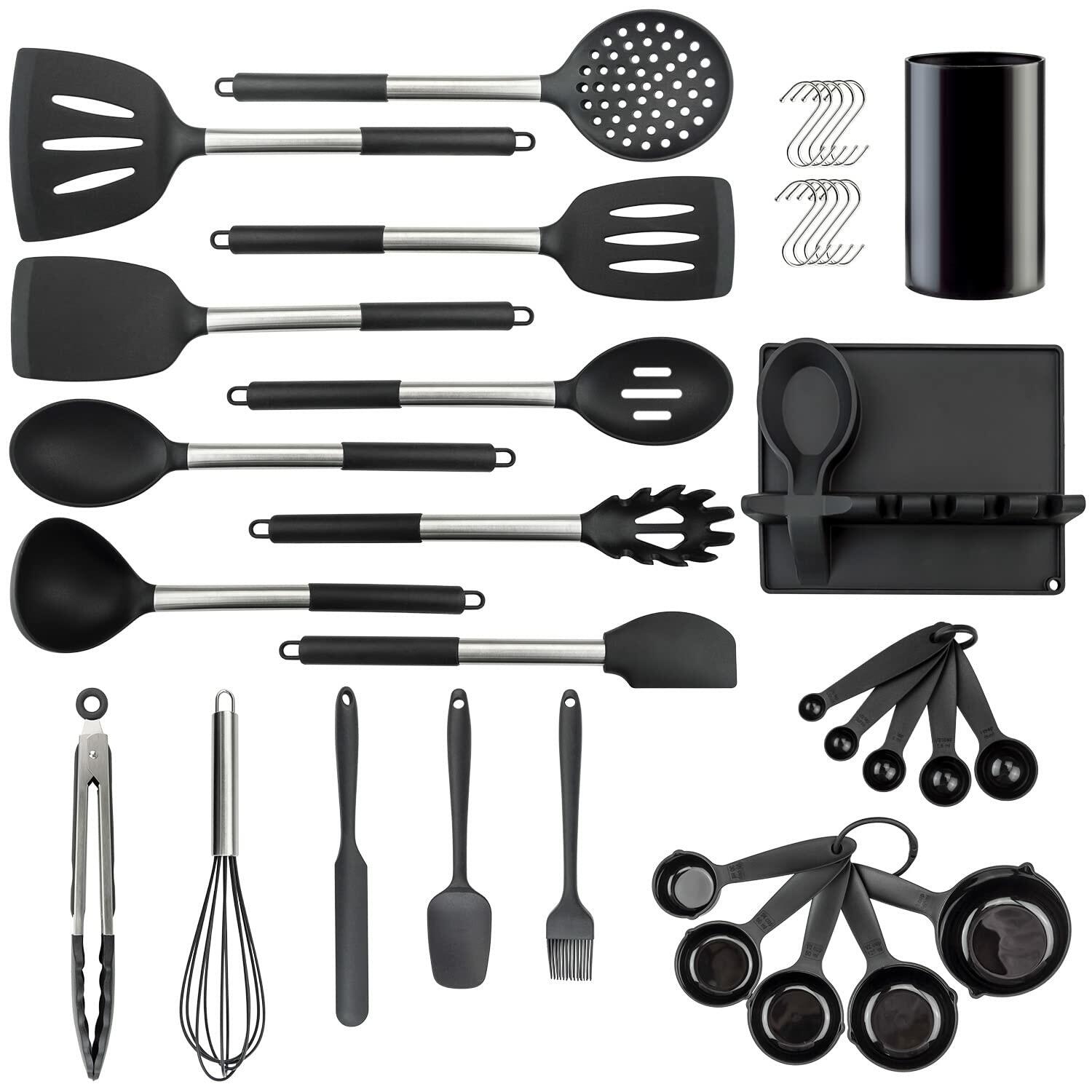 [Like New] LeMuna Silicone Kitchen Utensils Set Heat Resistant BPA Free Black Stainless