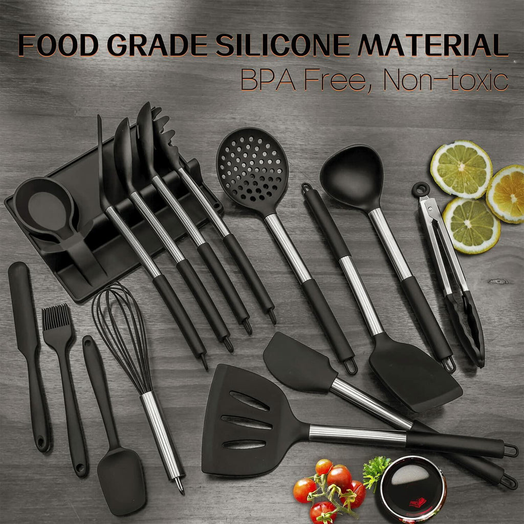 [Like New] LeMuna Silicone Kitchen Utensils Set Heat Resistant BPA Free Black Stainless