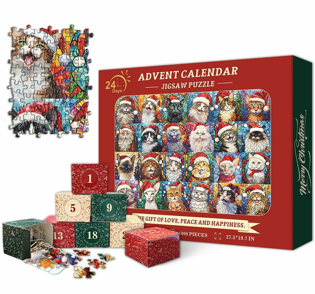PICKFORU Cat Mosaic Stained Glass Christmas Puzzle Calendar 2024 1000pcs